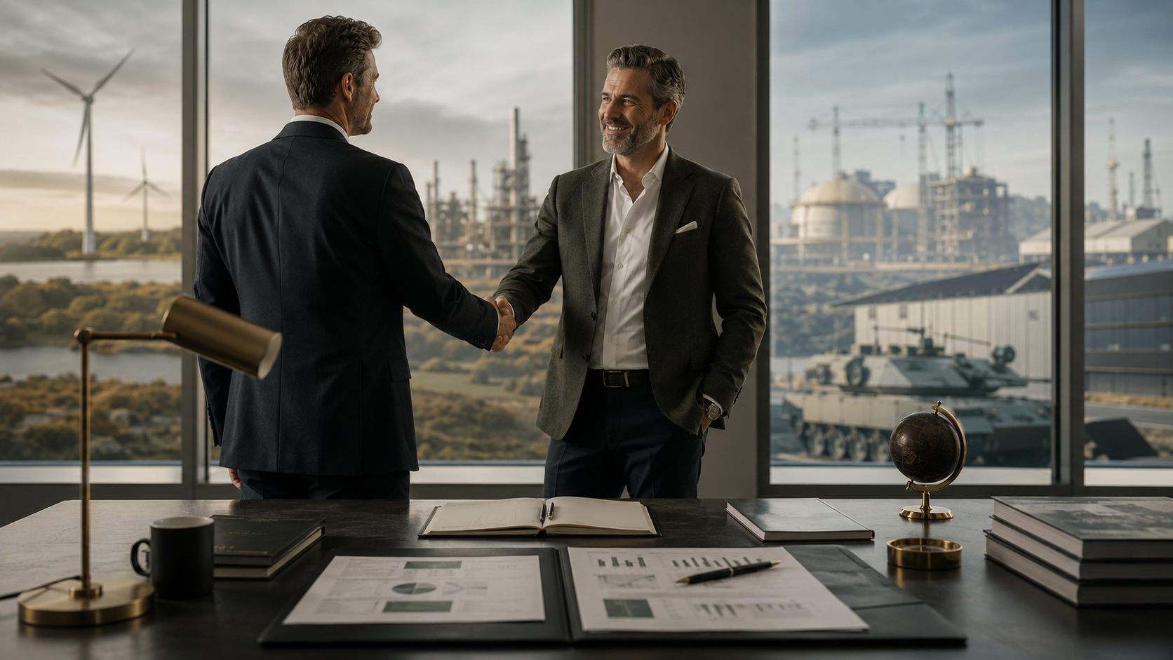 Zwei Manager beim Handschlag in einem modernen Büro, dahinter ein industrielles Großprojekt — Headhunter für Commercial Project Management