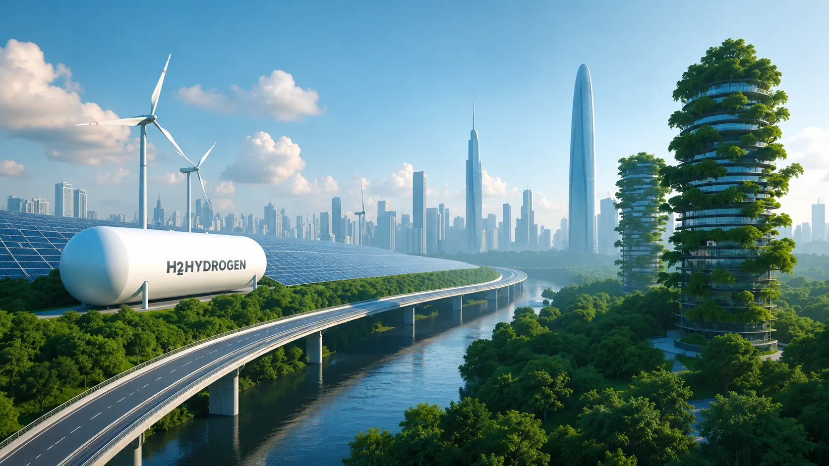 Wasserstoff, Wind- und Solarenergie (KI-generierte Illustration) — Headhunter & Personalvermittler für Ingenieure in modernen Industrien