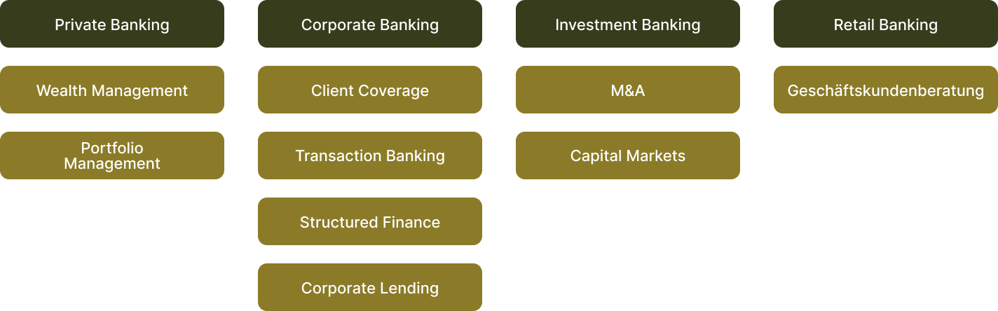 Headhunter Banking — Übersicht der vier Banking-Sparten Private Banking (Wealth Management, Portfolio Management), Corporate Banking (Client Coverage, Transaction Banking, Structured Finance, Corporate Lending), Investment Banking (M&A, Capital Markets) und Retail Banking (Geschäftskundenberatung)