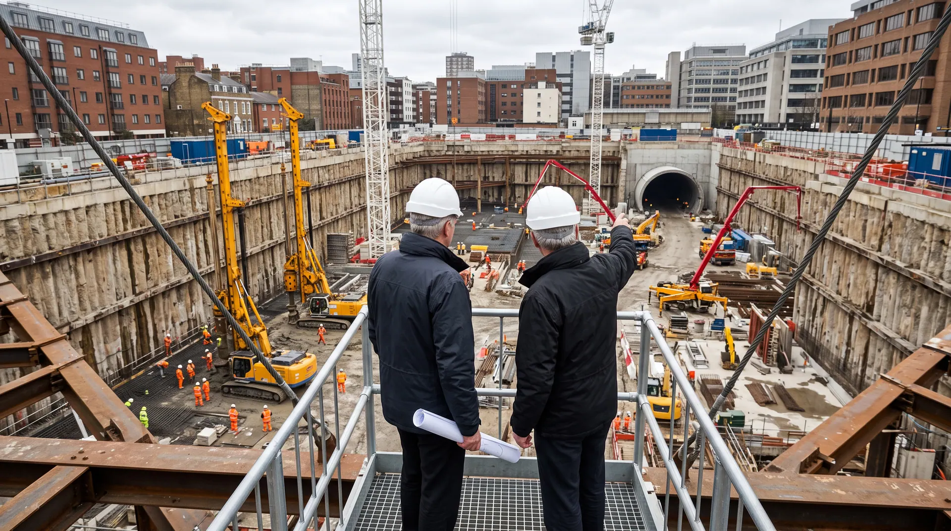 Headhunter Bauingenieurwesen — zwei Ingenieure über einer Baugrube mit Bohrgeräten für den Spezialtiefbau (KI-generiertes Symbolbild)