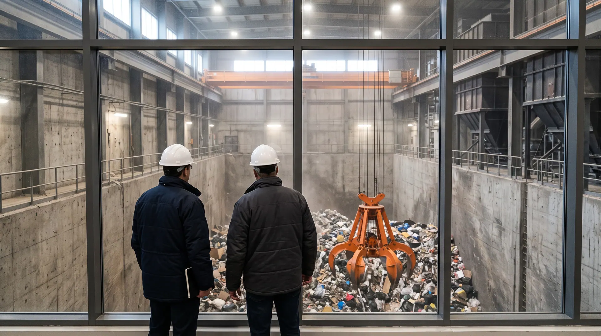 Headhunter Recycling — zwei Führungskräfte am Fenster über dem Müllbunker eines Müllheizkraftwerks, Greiferkran im Einsatz (KI-generiertes Symbolbild)
