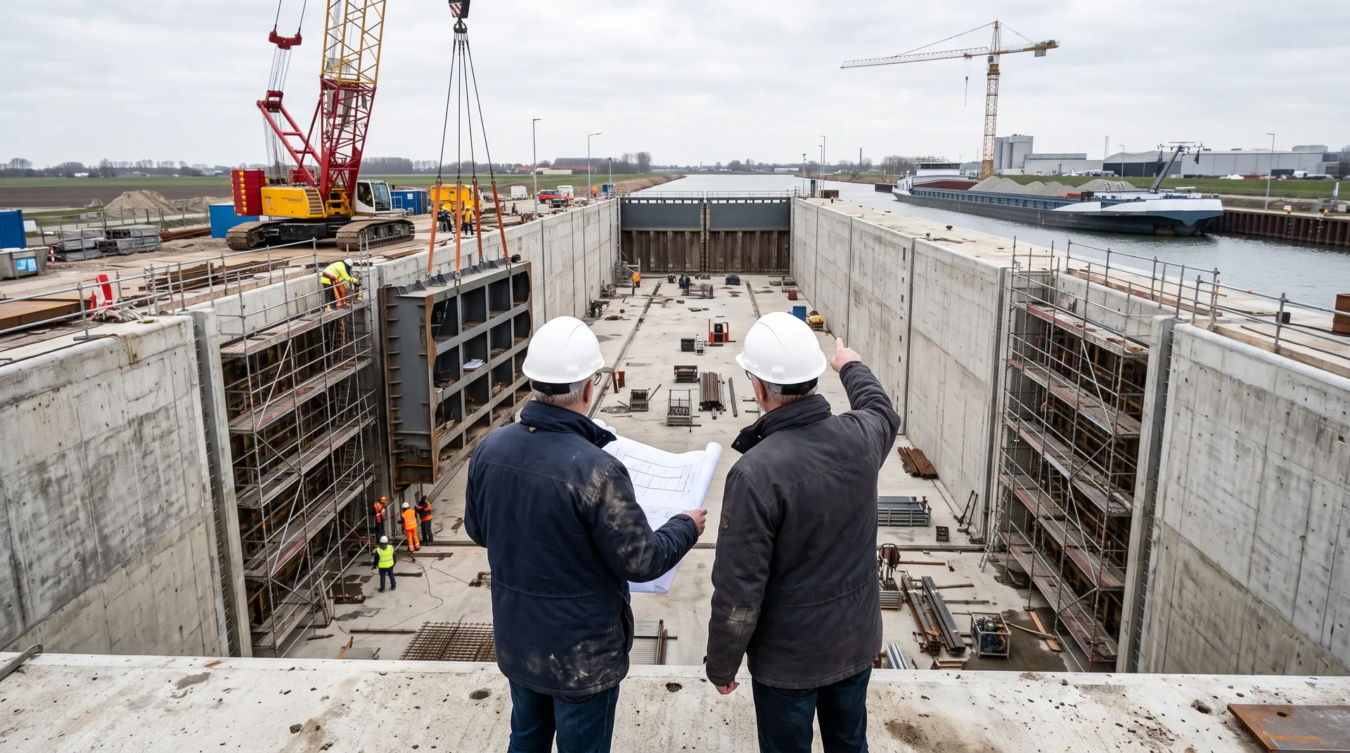 Headhunter Wasserbau — zwei Ingenieure über einer neuen Schleusenkammer im Bau, Torflügel am Kran (KI-generiertes Symbolbild)
