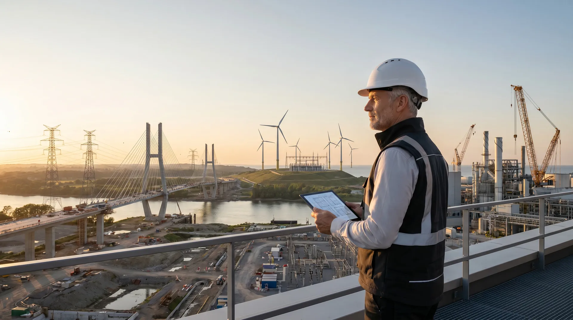 Oberbauleiter überblickt Großbaustellen mit Brücke, Umspannwerk und Industrieanlage (KI-generiertes Symbolbild) — Headhunter Oberbauleiter