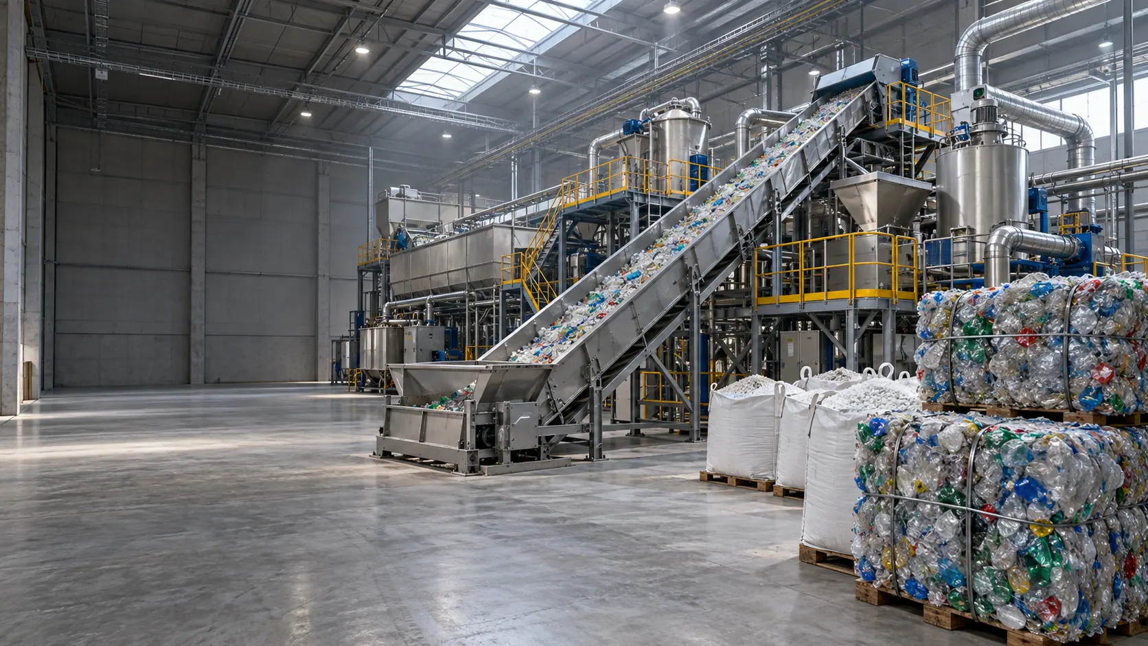 Headhunter Recycling & Kreislaufwirtschaft — Kunststoffrecyclinganlage mit Förderband, Big Bags mit Kunststoffflakes und Ballen gepresster Kunststoffflaschen (KI-generiertes Symbolbild)