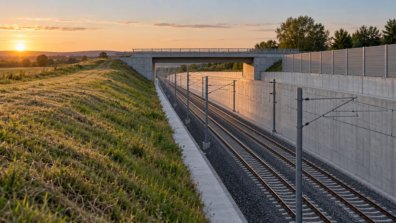 Bahntrasse im Betontrog mit Stützwand, Lärmschutzwand und Straßenüberführung im Abendlicht (KI-generiertes Symbolbild)