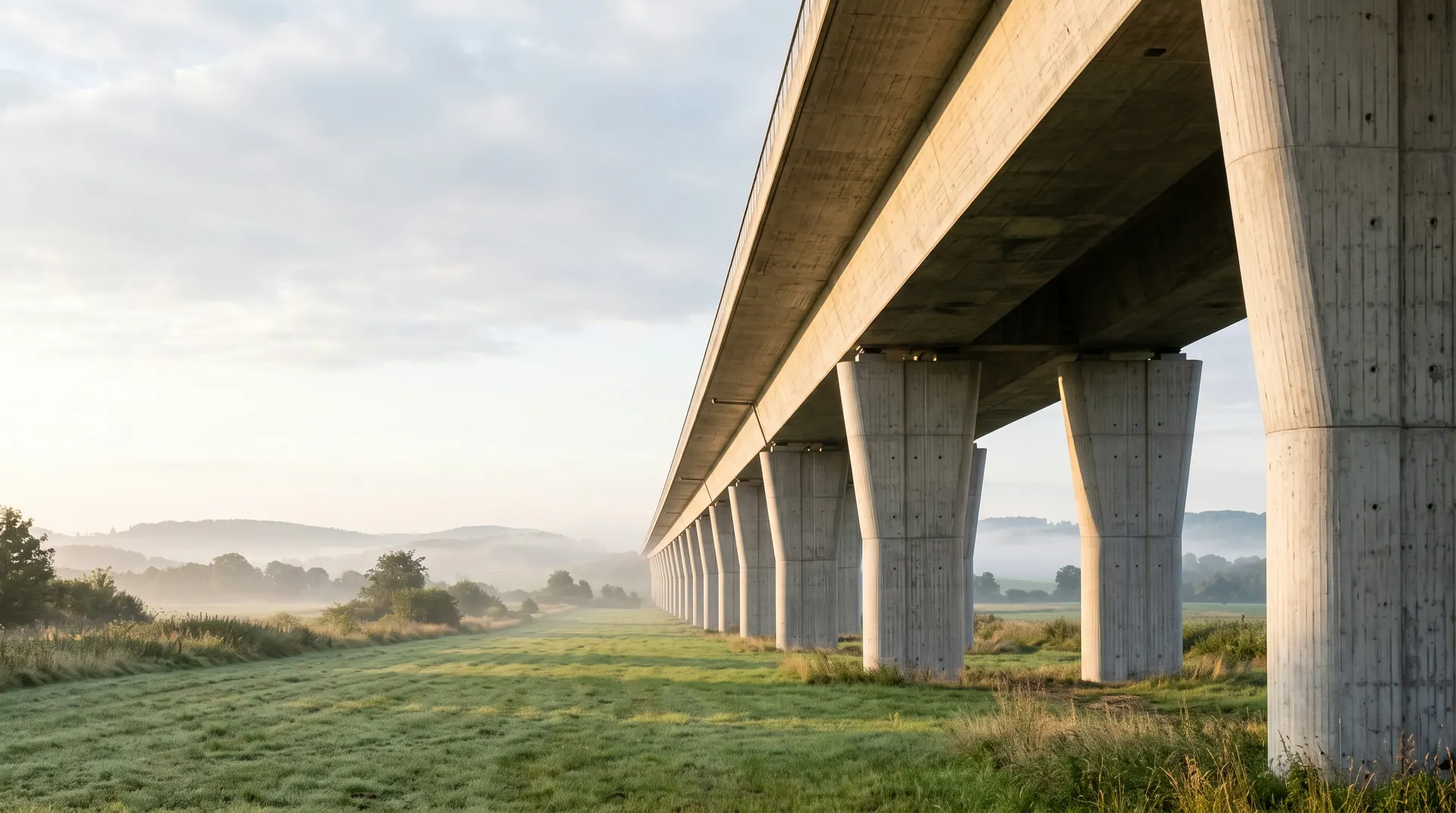 Autobahnbrücke aus Spannbeton von unten gesehen, Pfeilerreihe im Morgennebel (KI-generiertes Symbolbild) — Projektleiter und Projektingenieure für Ingenieurbau und Tragwerksplanung