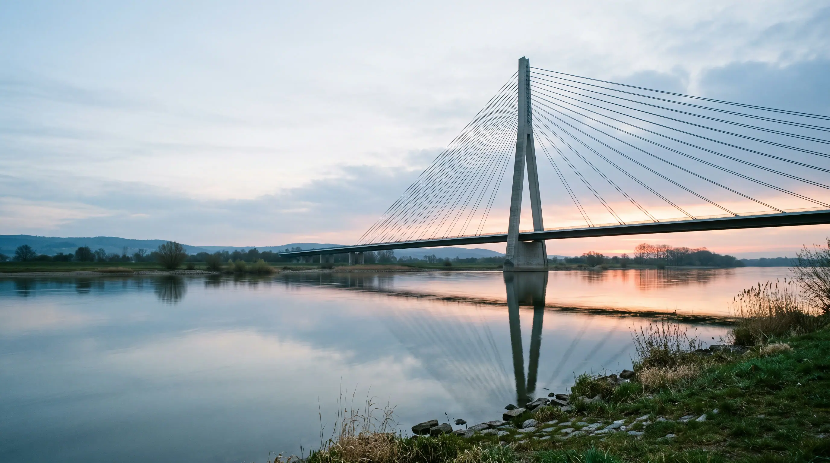 Schrägseilbrücke über einem breiten Fluss in der Morgendämmerung (KI-generiertes Symbolbild) — Direktansprache und Social Recruiting im konstruktiven Ingenieurbau