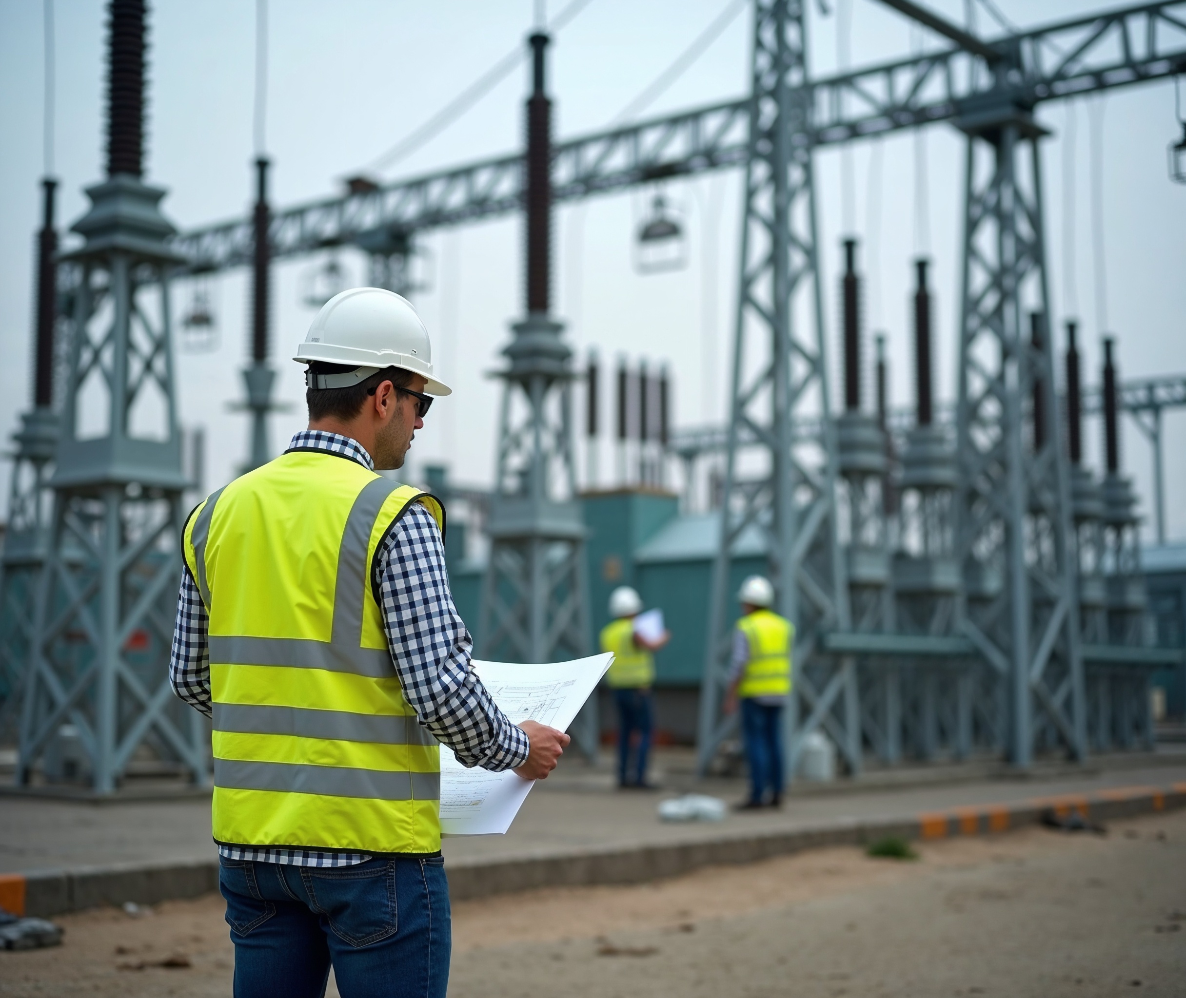 Bauleiter mit Bauplänen vor einem Umspannwerk — Headhunter & Personalberatung für Bauleiter in Hochbau, Tiefbau und Energieprojekten