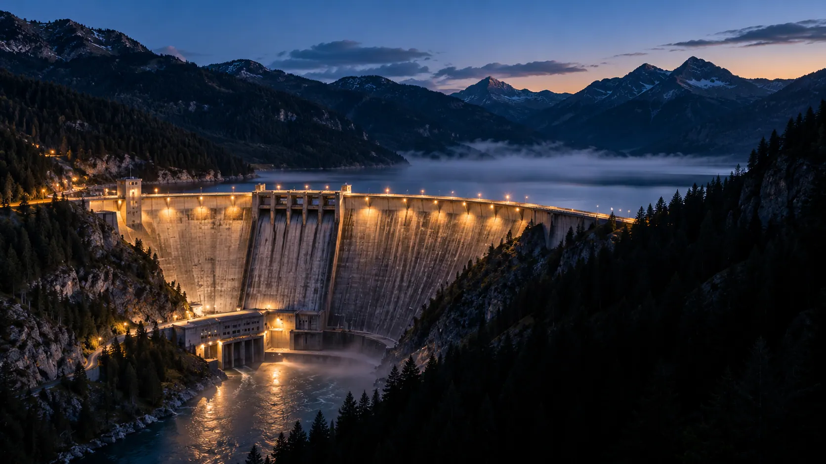 Headhunter Wasserbau & Wasserkraft — Talsperre mit Wasserkraftwerk in den Bergen zur blauen Stunde (KI-generiertes Symbolbild)