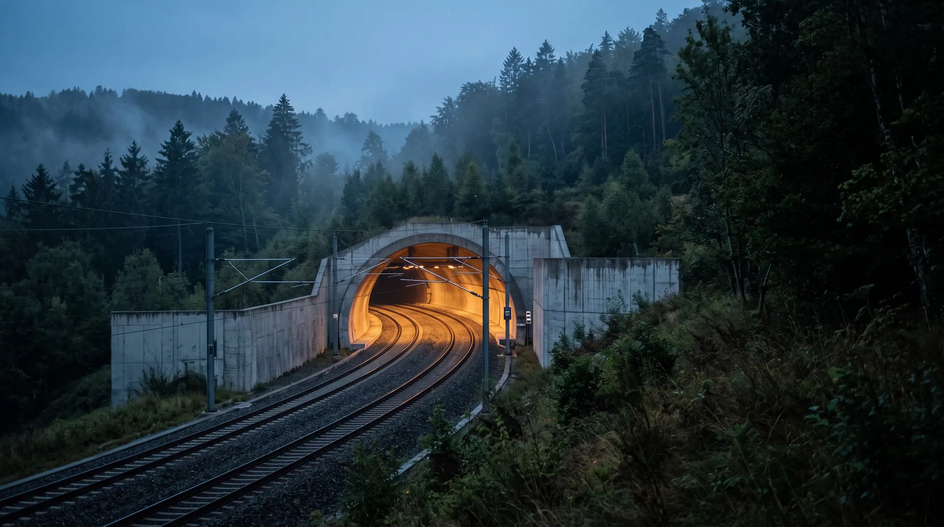 Headhunter Bauingenieurwesen & Infrastruktur — Bahntunnelportal mit Oberleitung im Wald zur blauen Stunde (KI-generiertes Symbolbild)